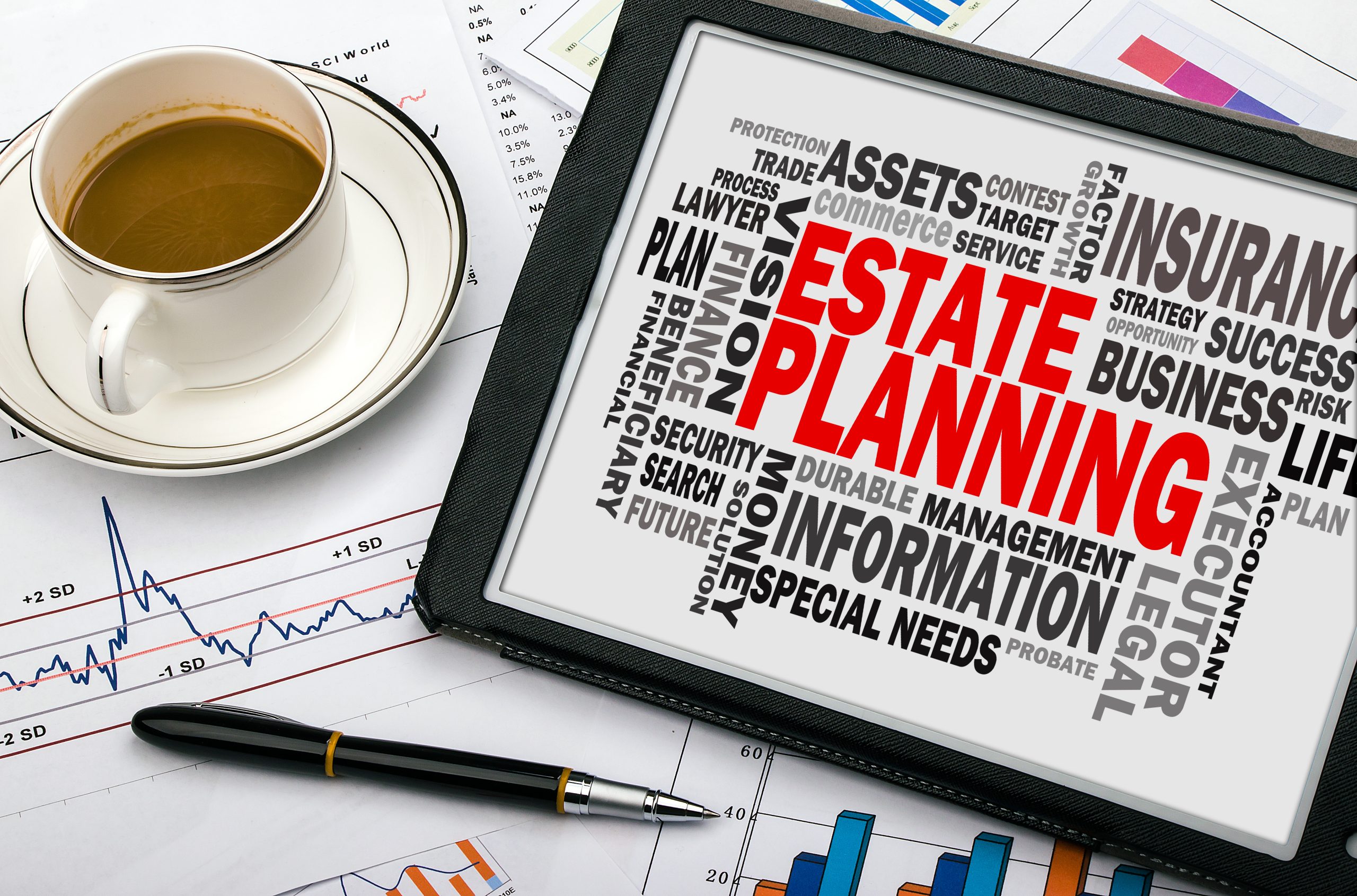 estate planning concept with related word cloud on tablet pc